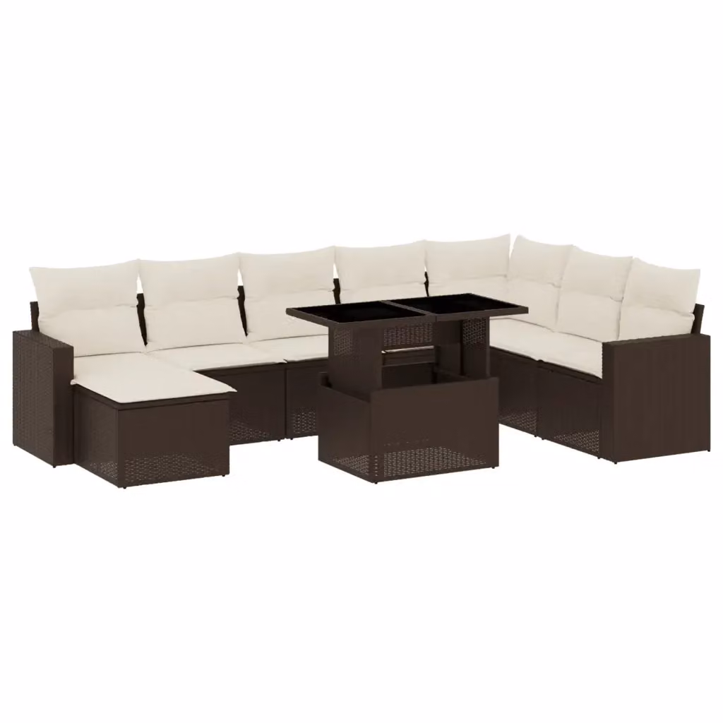 Set di divani da giardino vidaXL in polyrattan marrone con cuscini bianchi e tavolino, design moderno a forma di L per esterno – 2