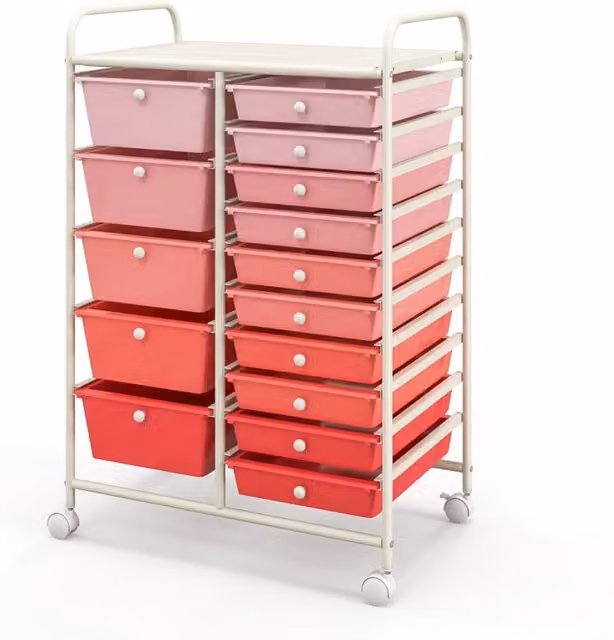 Carrello multiuso Design Mania con 15 cassetti estraibili e ruote con freno, colore rosa – 1