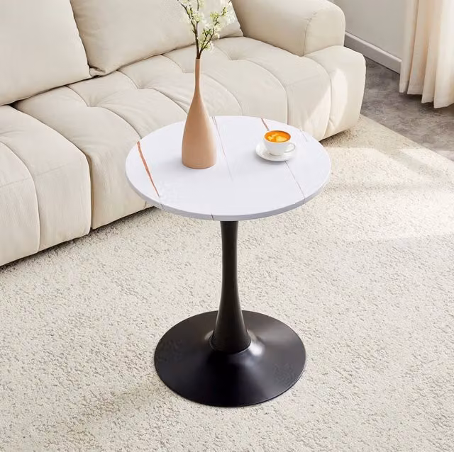 Tavolino rotondo MODFU in stile Mid-Century in MDF e metallo, bianco e nero, Diametro: 60 cm