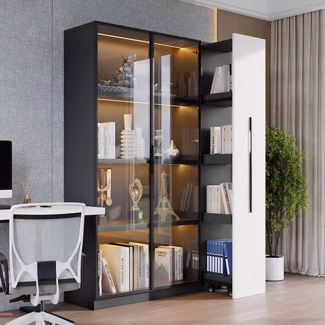 Armadio multifunzionale - Xylo - 110,5x35x160cm - Bianco e nero - Vetrina con porta in vetro e LED, cassetto scorrevole, ruote