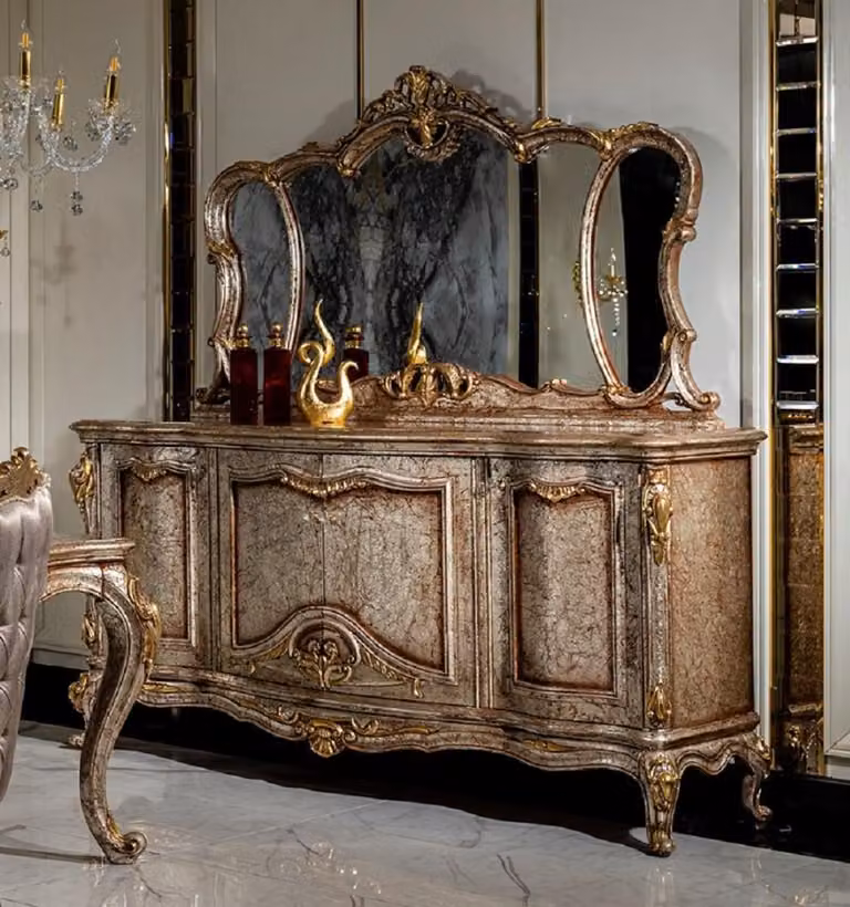 Casa Padrino set di mobili barocchi in argento antico / marrone / oro - 1 credenza con 4 ante e 1 specchio - Mobili fatti a mano in stile barocco