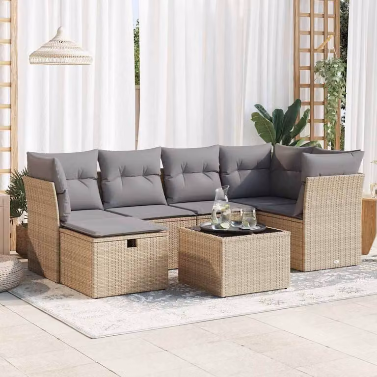 Set di divani da giardino vidaXL in polyrattan beige con cuscini e tavolino da esterno 7 pz