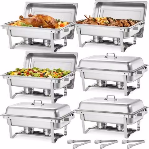 Set di 6 Scaldavivande Rettangolari VEVOR in Acciaio Inox Argento da 8,5 L con Coperchio, Porta Combustibile e 3 Pinze per Buffet e Banchetti
