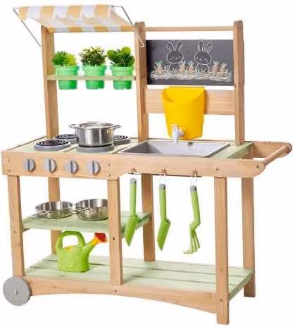 Cucina Educativa per Bambini in Legno VEVOR con Tettuccio Parasole e Accessori, Multicolore, L 88 cm x P 32,6 cm x H 90 cm