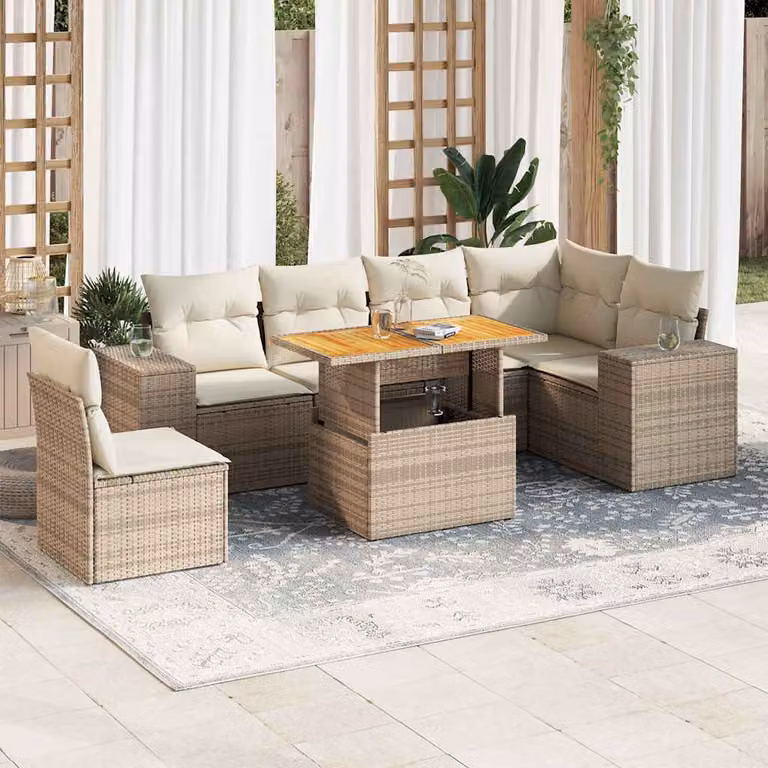 Set di divani da giardino vidaXL 7 pezzi con cuscini beige e tavolino da esterno in rattan e metallo con struttura in acciaio verniciato a polvere