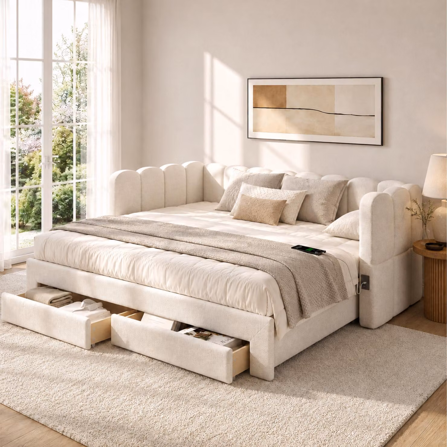 Letto imbottito 90x200 cm, estendibile a 180x200 cm, con 2 cassetti, porta USB e porta di tipo C, rete a doghe, rivestimento in lino color beige