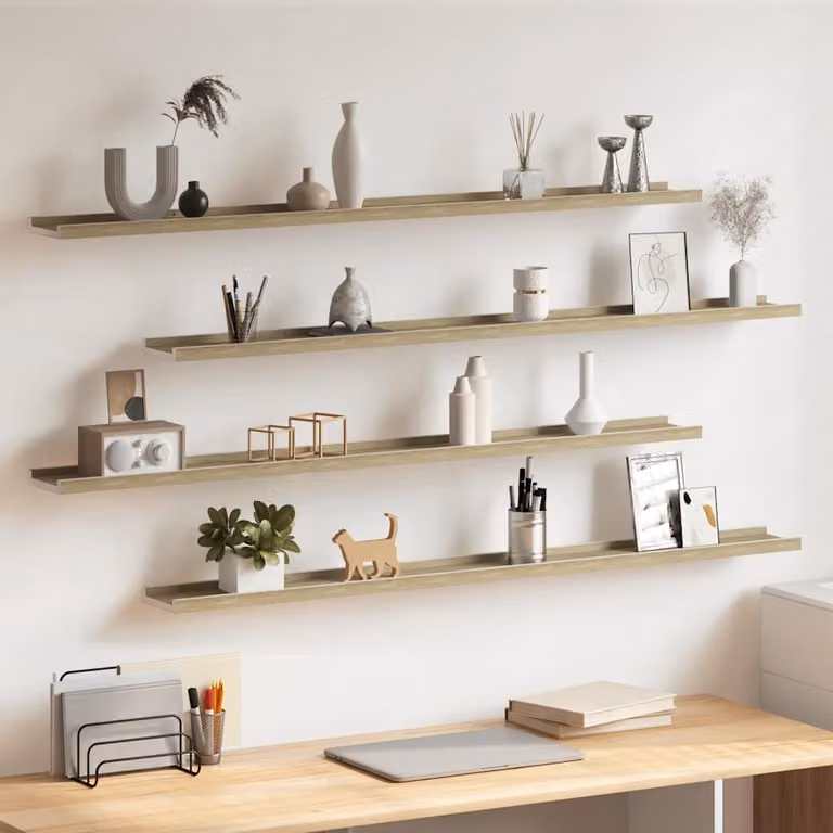 Set di 4 mensole da parete vidaXL in MDF, colore bianco e rovere sonoma, L 115 cm x P 9 cm x H 3 cm