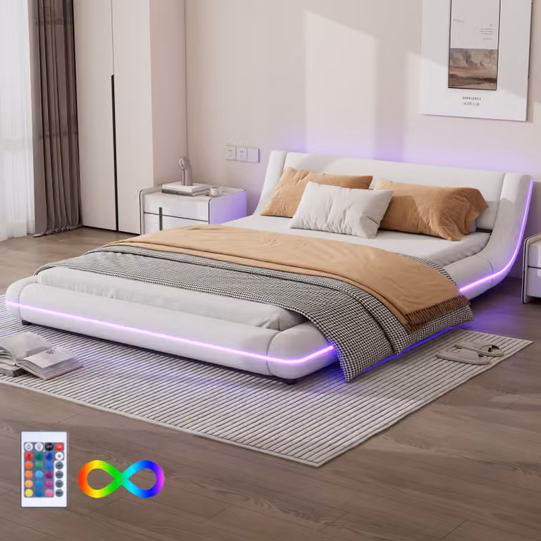 AIORBER Letto matrimoniale, 140x200 cm, Finto cuoio, resistente e stabile, luce ambientale a LED, telecomando a 24 tasti, letti imbottiti, bianco