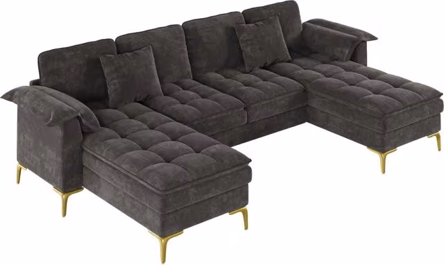 Divano angolare a U modulare 4 posti con rivestimento in ciniglia grigio, cuscini in schiuma a doppio strato, 2 chaise longue e piedi in metallo dorato