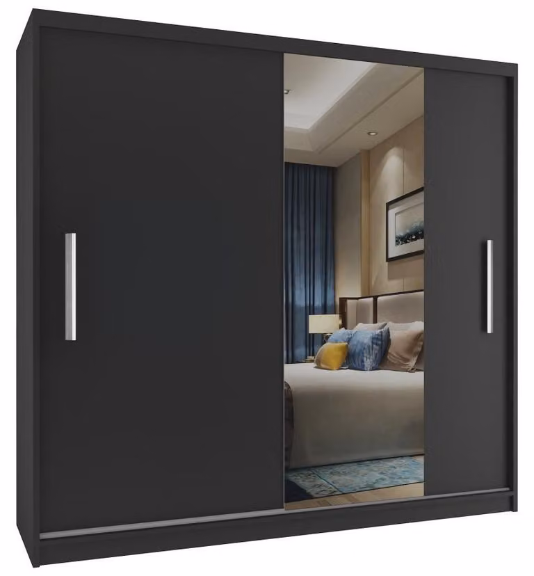 Armadio scorrevole BELINI Verona, 200 cm, nero opaco - Armadio per camera da letto con specchio e 4 cassetti