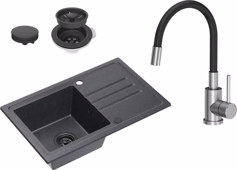 VBChome Lavello in granito nero con rubinetto 70 x 44 cm Lavello da incasso a vasca singola Maculato Reversibile Lavello in granito nero Sifone Rubinetto per lavabo con bocca flessibile