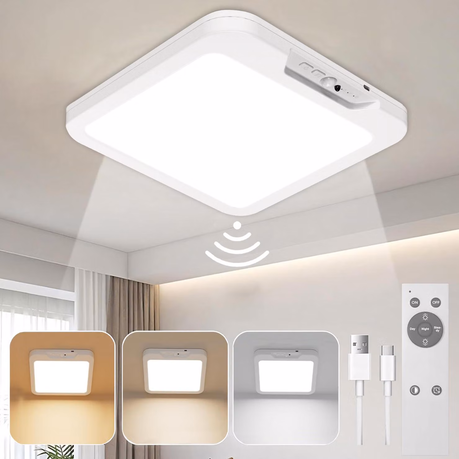 Plafoniera LED ricaricabile con rilevatore di movimento e telecomando 3 temperature di colore Plafoniera dimmerabile per guardaroba, scale, corridoio, cantina