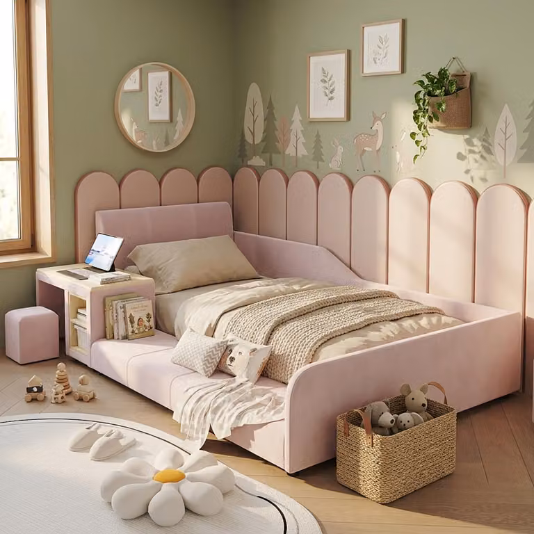 Letto imbottito Merax 90x200 con scrivania e sgabello, letto per bambini con testiera in velluto morbido, letto singolo con ripiano inferiore e robusta struttura in legno, colore rosa