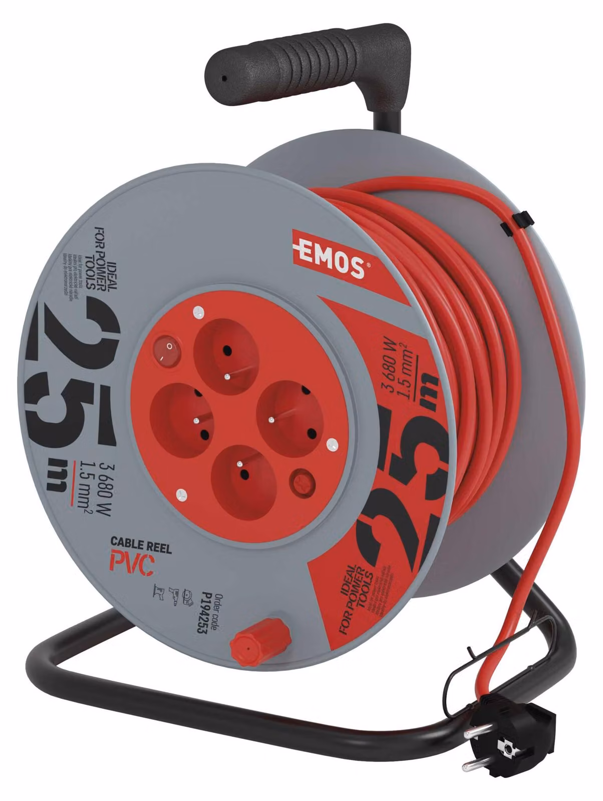 EMOS Cavo di prolunga rosso in bobina 25 m, 4 prese, con interruttore, PVC, 230V, 1,5 mm2 P194253