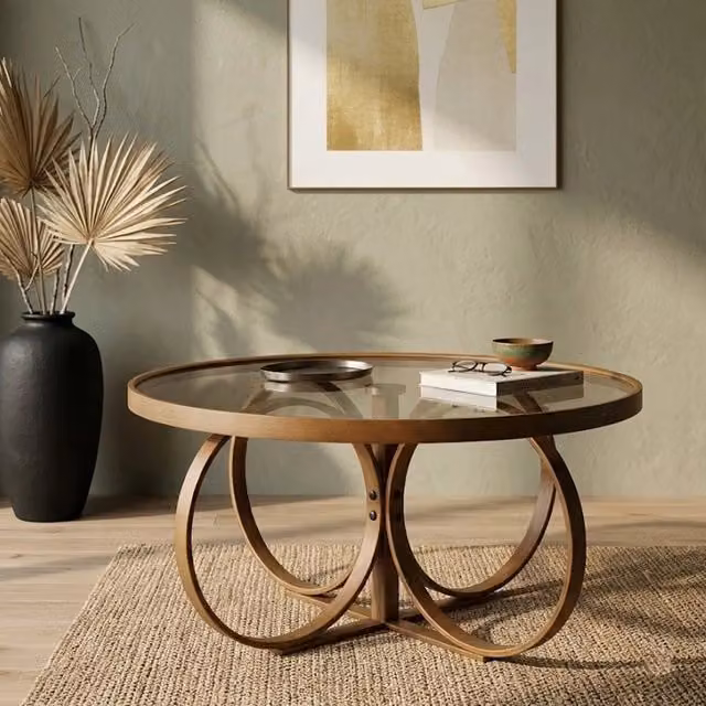 DMORA Tavolino da Salotto Moderno in Vetro Trasparente e Marrone, L/P/H: 100 x 100 x 47 cm