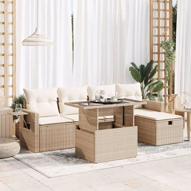 Set Divano da Giardino vidaXL 6 Pezzi in Polyrattan con Cuscini Beige e Tavolino da Esterno