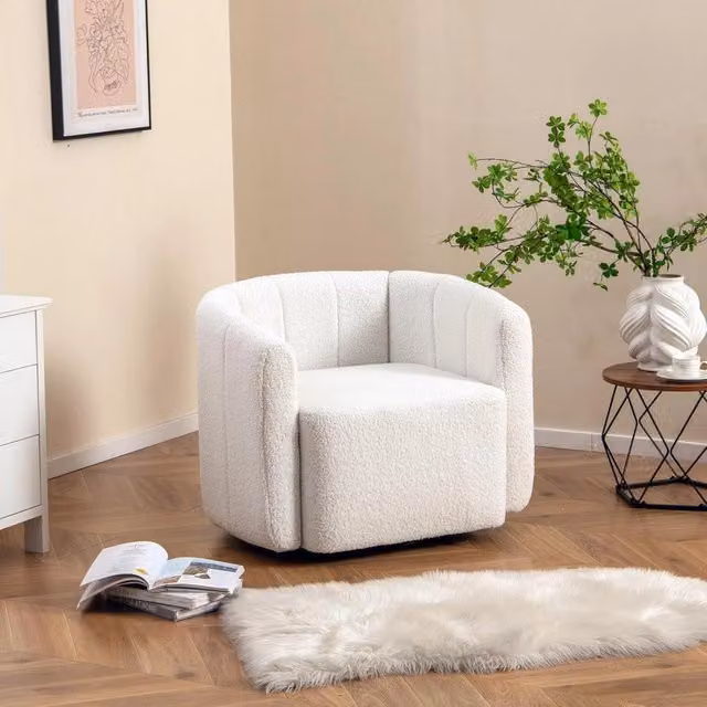 Poltrona girevole moderna Costway in tessuto bouclé bianco con braccioli e struttura in metallo per soggiorno e camera da letto