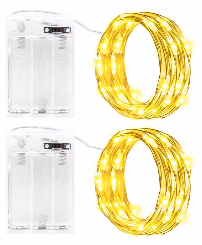 Set di 2 catene luminose LED, lunghezza 3 metri, 30 LED, luce bianco caldo, con timer