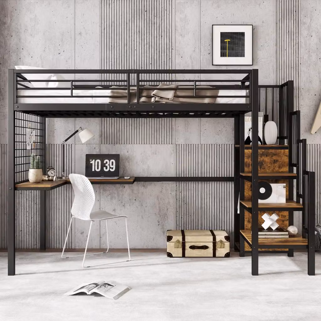 Letto a castello REDOM per bambini con armadio integrato e scale, finitura nero e marrone, L/P/H: 90 x 200 cm