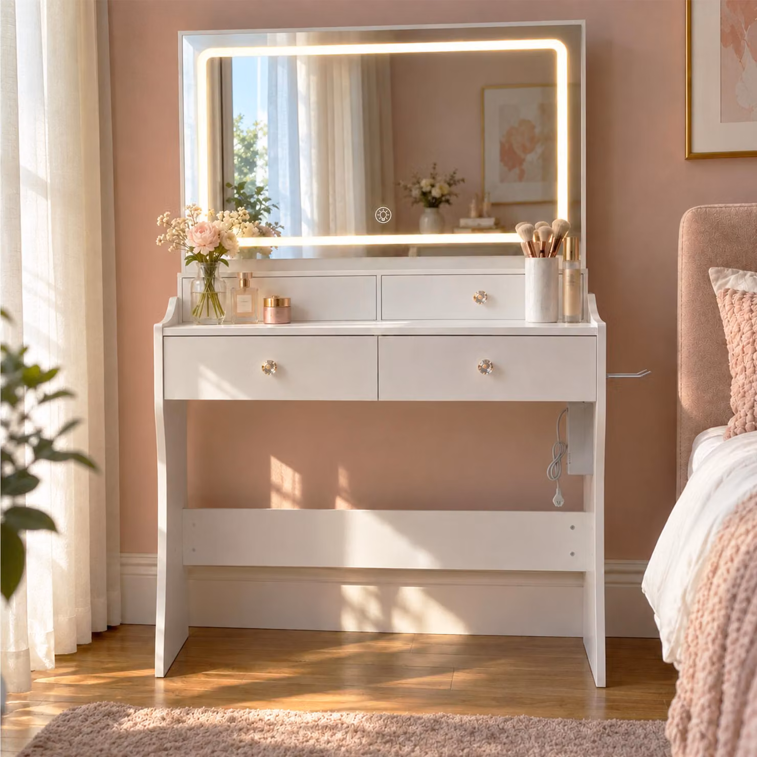 Comò da trucco bianco con presa multipla e lampada LED tricolore. Tavolino da trucco con specchio, cassetto, dimensioni 90x40x135 cm, con intensità luminosa regolabile