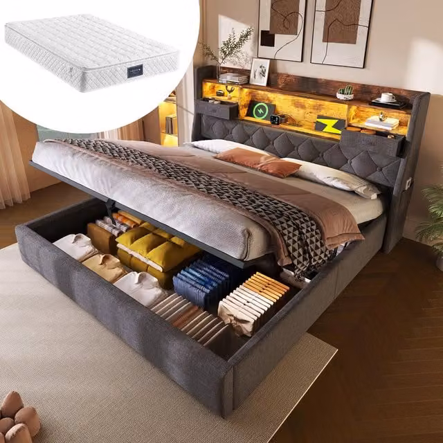 Letto Contenitore Matrimoniale con LED e Prese USB ¨C MINIMAL ¨C Grigio, Tessuto, 160x200