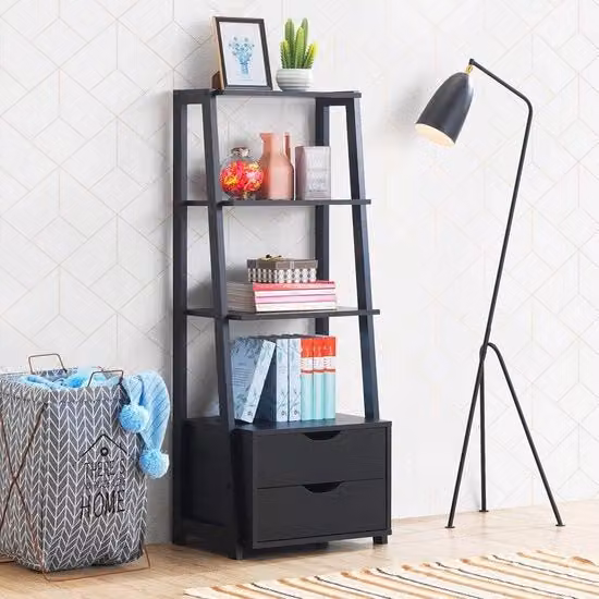 Scaffale a Libri con 4 Livelli, 4 Cassetti in Legno Moderno, Organizzatore con Porte, Armadio per Bagno, Piattaforma per Piante, Mobili per Ufficio Casa, Nero