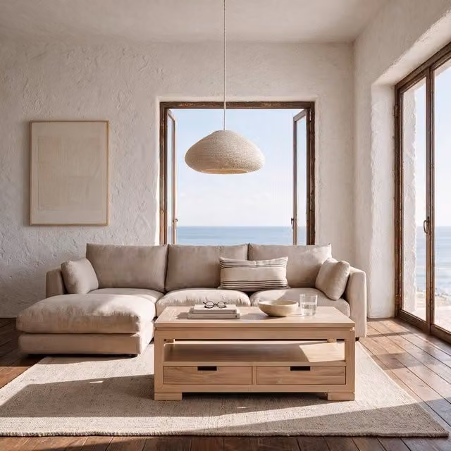 Tavolo da centro Jil Banak in massello di acacia regolabile in altezza color naturale beige e marrone
