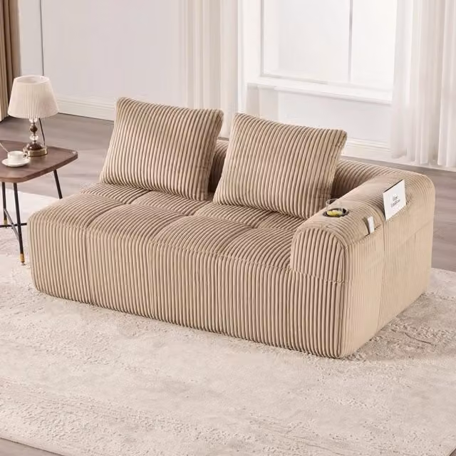 Divano a 2 posti in corduroy con tasche laterali e portabicchieri, schiuma ad alta densità e molle, khaki