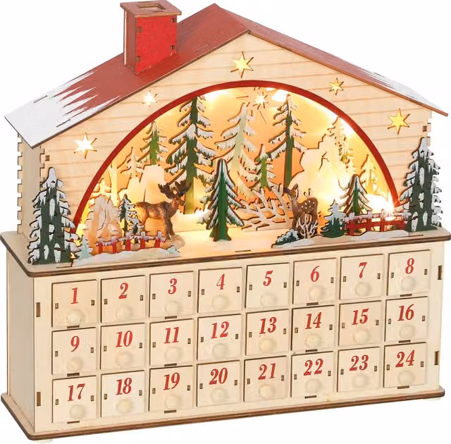 Calendario dell'Avvento HOMCOM in legno naturale con 24 caselle e luci a LED, L/P/H: 36 x 10 x 34 cm – 1