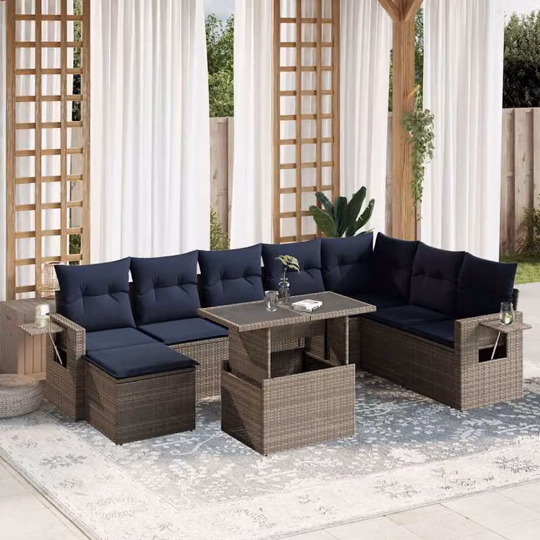 Set di divani da giardino vidaXL in polyrattan grigio con cuscini, tavolino e pouf, design moderno a forma di L per esterno
