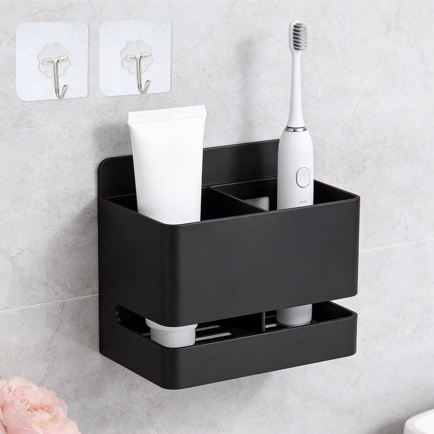 Portaspetini da parete, alluminio nero, 2 posti, organizer per bagno con ganci, dimensioni 11 x 7 x 9,8 cm, senza necessità di foratura