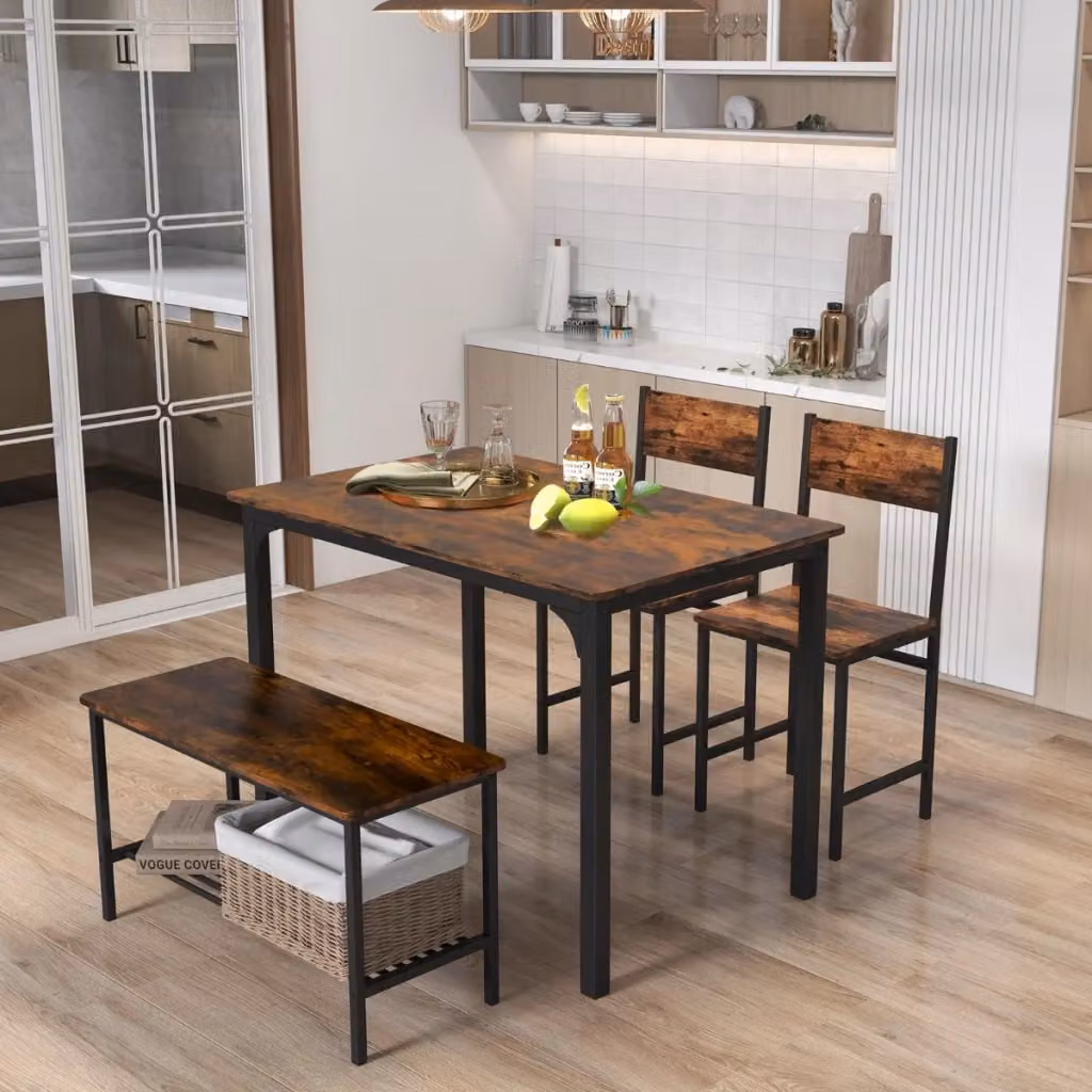 Set da cucina Design Mania composto da tavolo rettangolare, 2 sedie e 1 panca in stile industrial, colore marrone, con struttura e ripiano in metallo e MDF laminato, L: 110 cm, P: 70 cm, H: 76 cm – 2