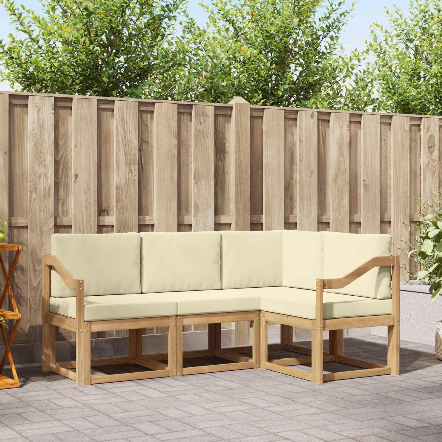 Set di divani da esterno vidaXL a forma di L in legno di acacia con cuscini, Bianco e Beige