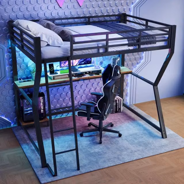 Letto a soppalco 90 × 200 cm con scrivania, luce regolabile, presa e porta USB, senza materasso, in metallo nero