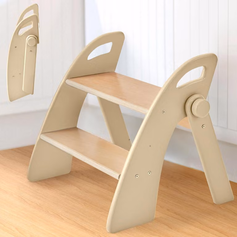 Scaletta per bambini, 2 gradini, in legno, pieghevole, con superficie antiscivolo e maniglie, colore naturale