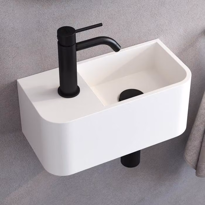 Lavabo in pietra Kronenbach, dimensioni 38 x 19 cm, posizionato a destra con foro per il rubinetto