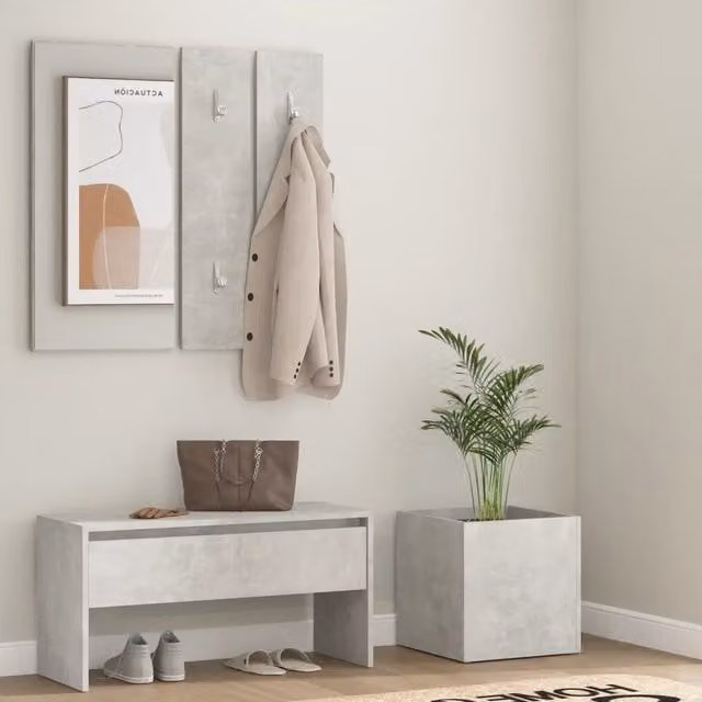 Set di mobili da corridoio moderno vidaXL in legno e plastica, colore grigio, composto da panca, specchio, pannello e appendiabiti con ganci – 1