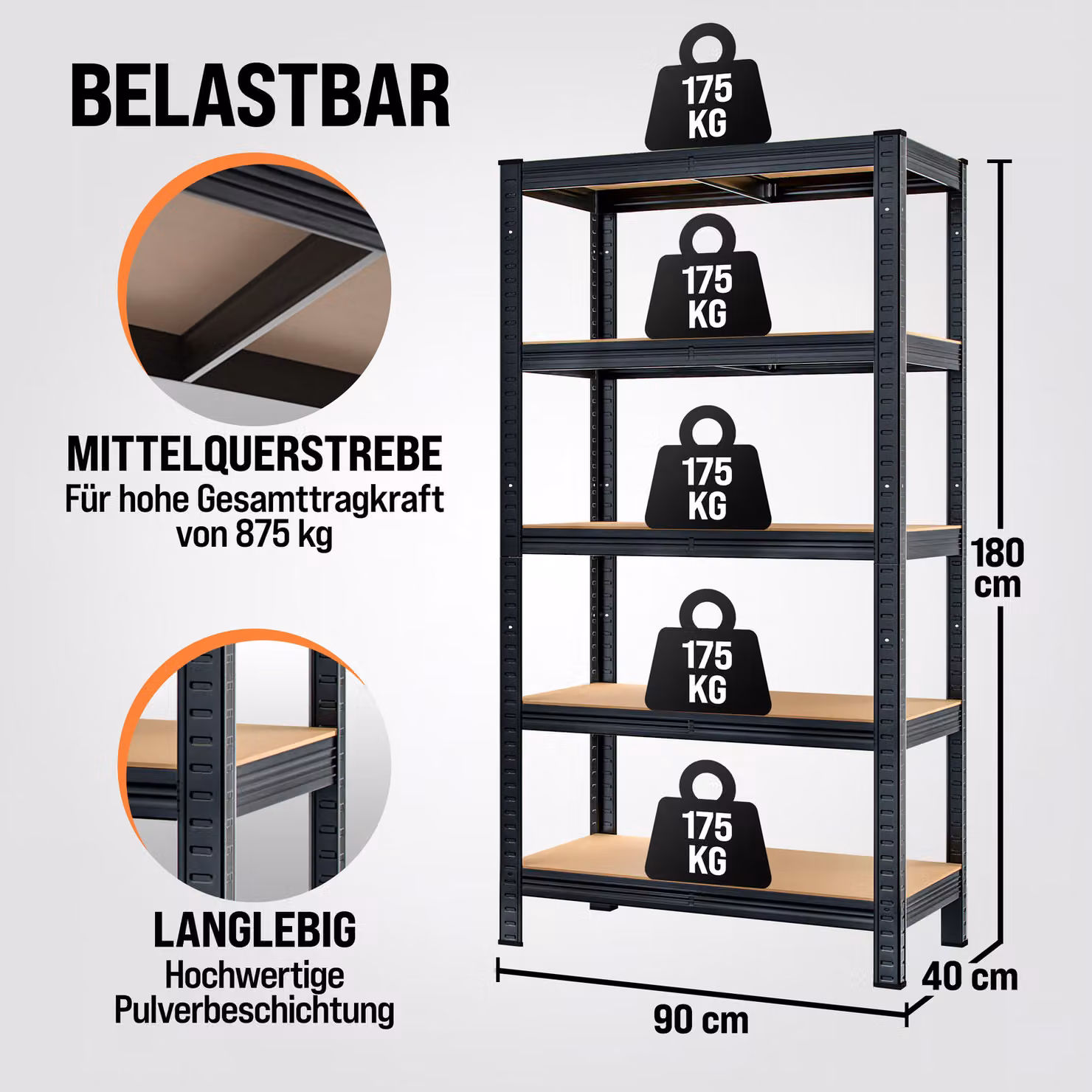 Scaffale a parete Monzana in metallo nero L: 90 cm, P: 40 cm, H: 180 cm – 2