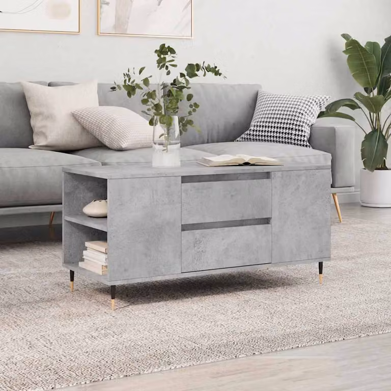 vidaXL Tavolino da salotto moderno in legno e metallo, colore grigio cemento, L 102 x P 44,5 x H 50 cm