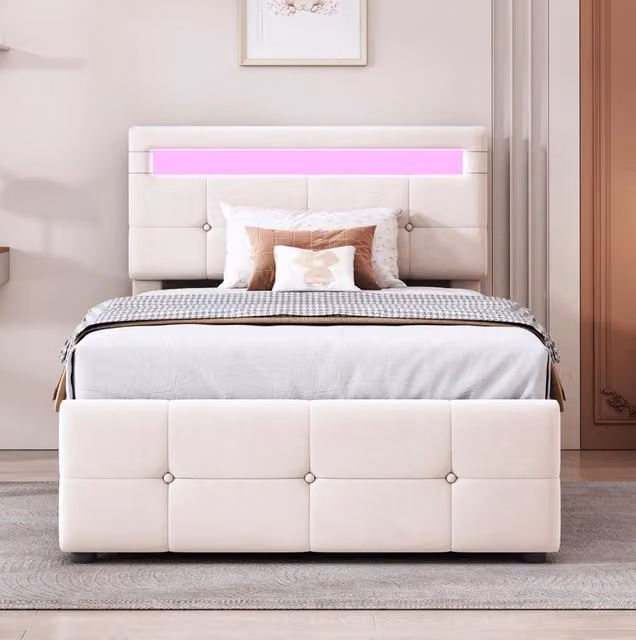 Letto imbottito 90x200 cm beige in velluto con LED e contenitore idraulico