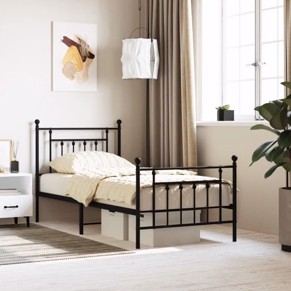 The Living Store Struttura letto con testiera e pediera in metallo nero 90x200 cm