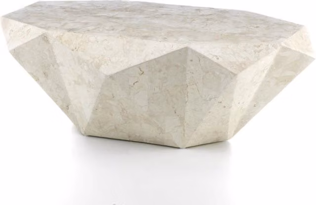 Tavolino rettangolare Diamond Medium Iperbriko in pietra fossile White Agata e compensato marino, design contemporaneo, colori beige e bianco