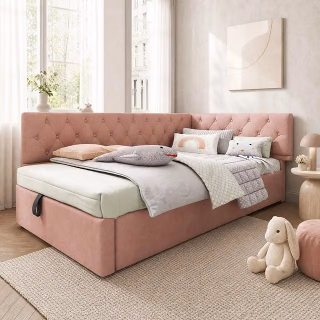 Letto contenitore 90x190 cm in velluto rosa con apertura idraulica, senza materasso