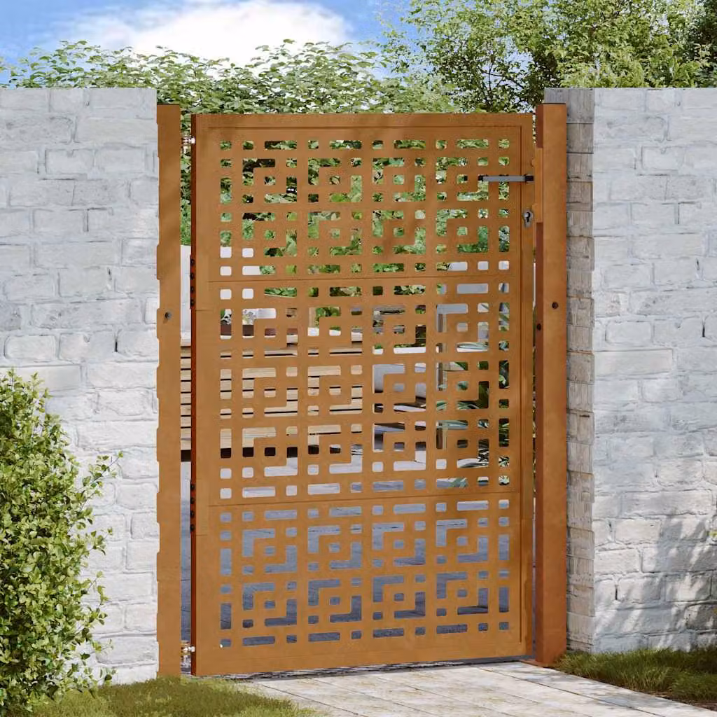 Cancello da giardino singolo vidaXL in acciaio corten marrone con design a croce L: 110 cm, H: 155 cm
