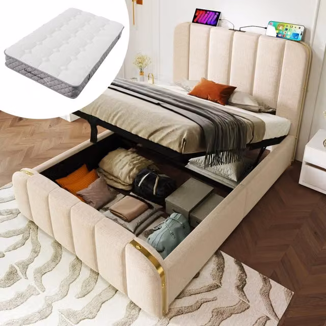 Letto singolo imbottito WISHDOR in lino beige con contenitore idraulico, testiera con porta USB Type-C e materasso incluso, L/P/H: 90 x 200 x 49,74 cm