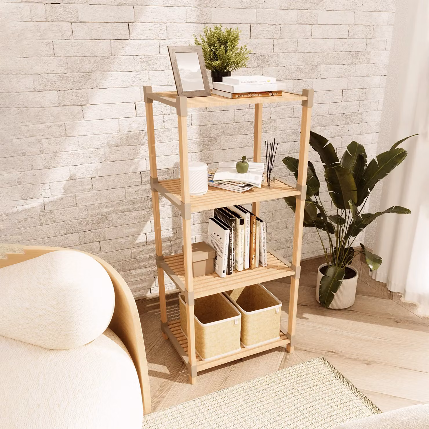 Scaffale Multiuso FixWood VESTIAMO CASA in legno di pino con 4 ripiani, colore beige e marrone, H 117 cm x L 32 cm x P 20 cm – 2