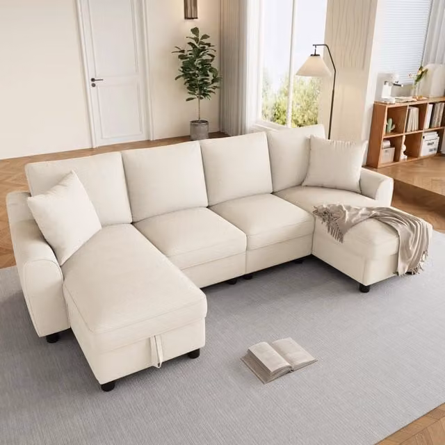 Divano a U 280x137x84 cm con chaise longue contenitore in ciniglia beige