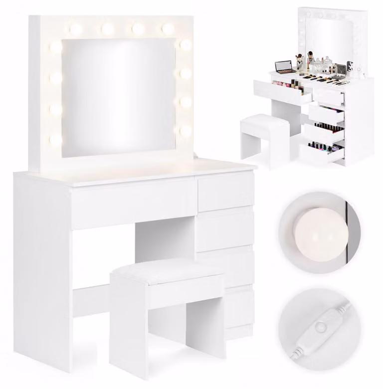 Toeletta con specchio e illuminazione, 5 cassetti e sgabello ModernHome