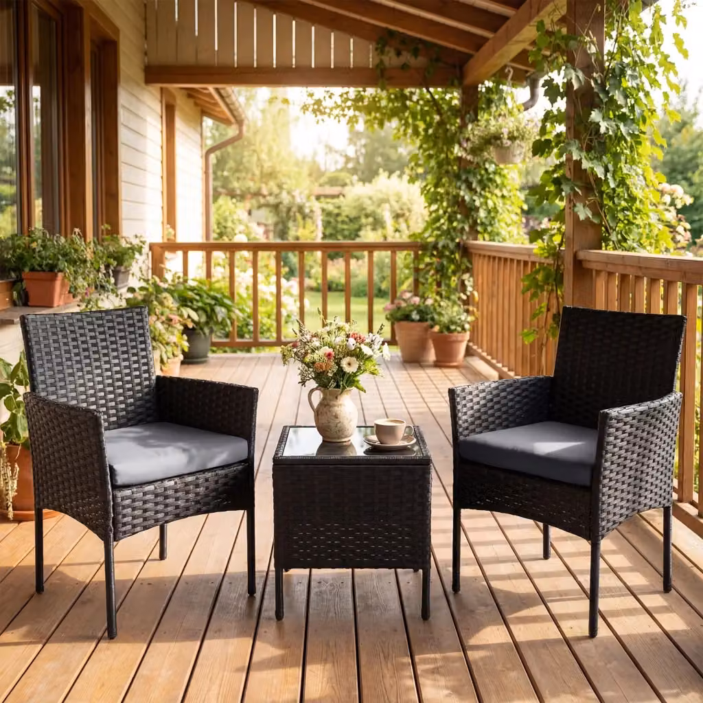 Set mobili da giardino 3 pezzi in rattan e metallo con tavolino in vetro temperato e 2 poltrone, colore grigio, ideale per patio, balcone o piscina – 2