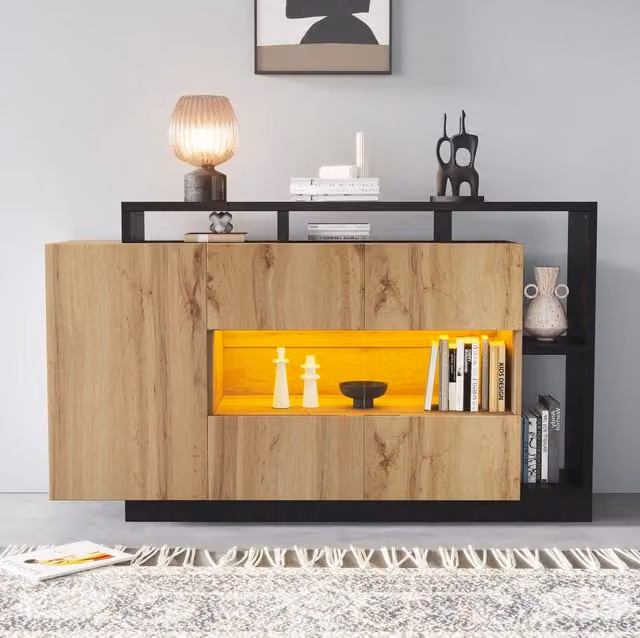 Credenza LED moderna 140x44x93;5 cm in MDF effetto legno con struttura nera